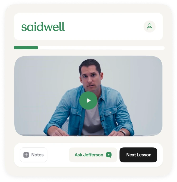 The saidwell course player: a Jefferson Fisher lesson with progress, Notes, Ask Jefferson and Next Lesson controls